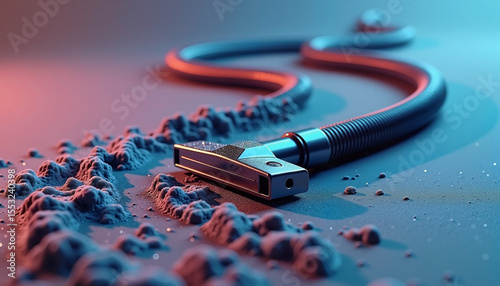 Vacuum cleaner nozzle and pipe over swirling dust, in blue and red lighting