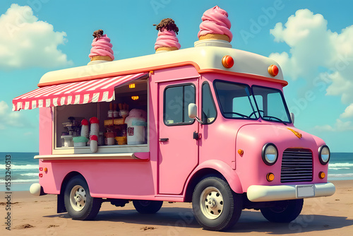 selling ice cream is parked on the road by the sea. There are coconut trees, blue sky, white clouds, and the sun