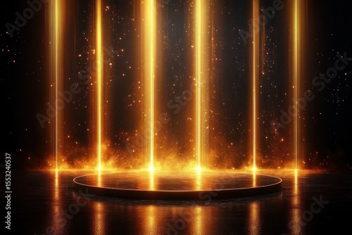 Glowing golden vertical light beams shining down onto a round platform with sparkles and smoke effects in a dark space
