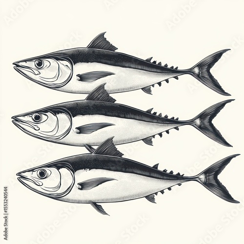 Three detailed monochrome illustrations of fish, showing side views with prominent fins and scales on a light background
