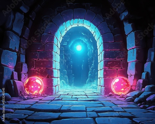 Mystical stone archway corridor illuminated by glowing red orbs and a bright blue light in a dark ancient dungeon setting