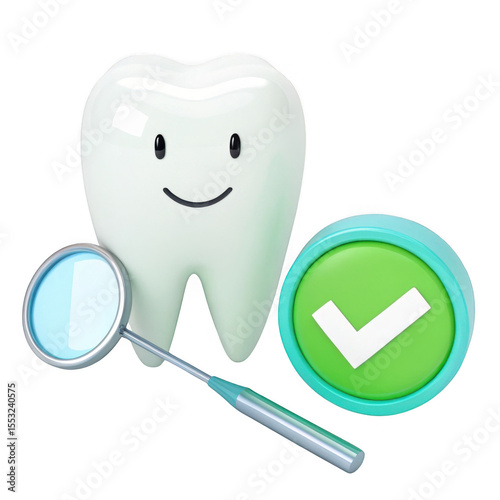 3d cartoon tooth with dental mirror and checkmark isolated on transparent background