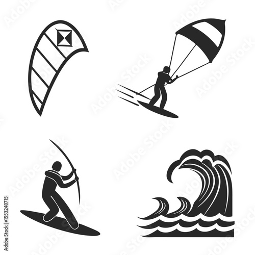 kitesurfing icon set board kite wind wave flat