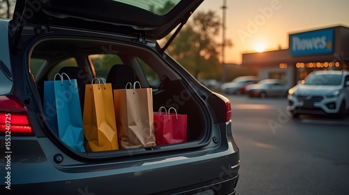 A car with an open trunk containing colorful paper bags of groceries and things is parked in a store parking lot. Buying gifts for the holiday.