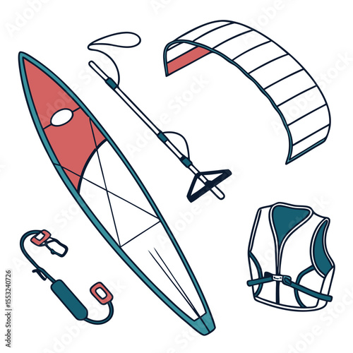 kitesurfing gear and equipment vector pack flat