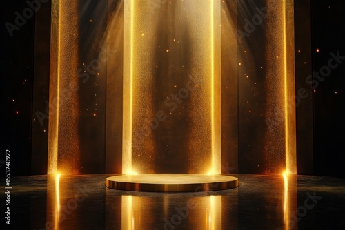 empty round golden pedestal illuminated by vertical golden light beams and glowing particles in dark space creating magical atmosphere