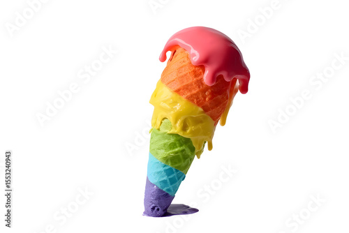 Rainbow ice cream cones melting in summer, all flavors are popular