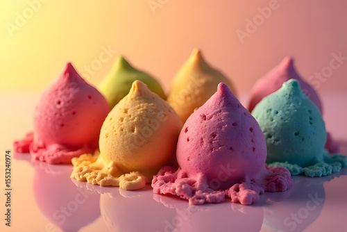 Rainbow ice cream cones melting in summer, all flavors are popular