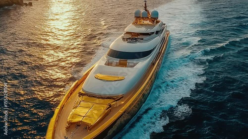 Luxury Superyacht at Sunset: Golden Ocean

A stunning drone shot captures a sleek, luxurious superyacht sailing on the golden illuminated ocean at sunset, leaving a white wake behind.