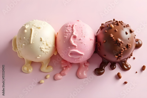 Rainbow ice cream cones melting in summer, all flavors are popular