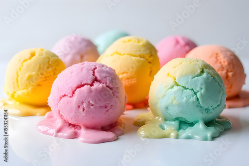 Rainbow ice cream cones melting in summer, all flavors are popular