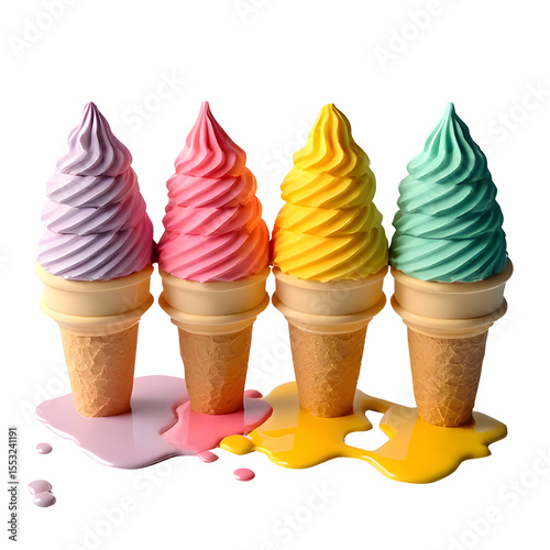 Rainbow ice cream cones melting in summer, all flavors are popular