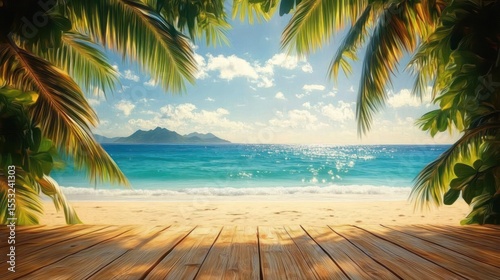 Sunny tropical beach scene with turquoise ocean waves, distant islands, palm tree leaves framing a wooden deck under a clear blue sky with scattered clouds