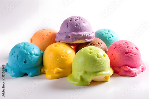 Rainbow ice cream cones melting in summer, all flavors are popular