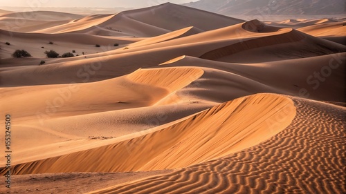 Fototapeta Naklejka Na Ścianę i Meble -  Golden Hour Light on Rolling Sand Dunes in a Vast Desert Landscape with Distant Mountains