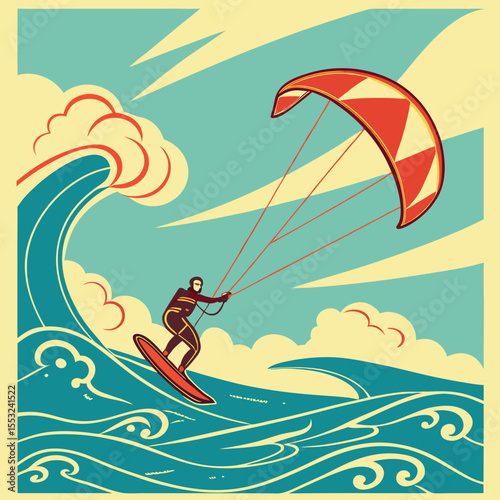 retro style colorful kitesurfing poster design flat
