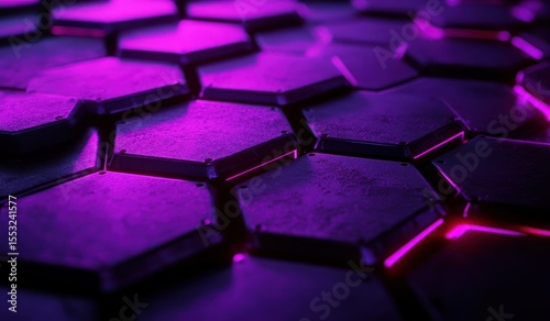 Close-up of dark hexagonal tiles illuminated with vibrant purple neon light creating a futuristic and high-tech atmosphere