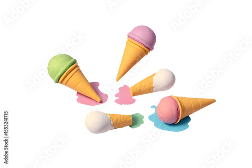 Rainbow ice cream cones melting in summer, all flavors are popular