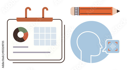 Calendar with pie chart and grid, pencil, and voice recognition symbol suggest organization, productivity, and modern tech. Ideal for planning, analytics, study, communication creativity design