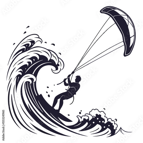 wave splash with kitesurfer riding fast silhouette