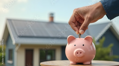 Solar panels on the roof of the house, in the foreground piggy bank in which a gold coin is thrown. Installation of solar panels for a reasonable price.