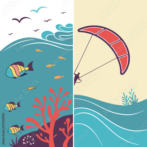 split view of underwater and kitesurfing above vector