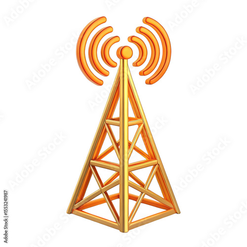 3d golden radio tower with signal isolated on transparent background