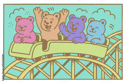 illustration happy bears on roller coaster
