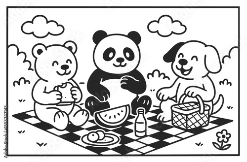 coloring book fun illustration for artistic panda bear and cute dog on picnic