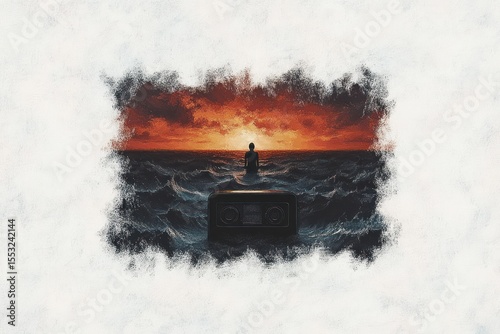 Silhouette of a person sitting in dark turbulent ocean waves under a fiery red and orange sunset sky with a large cassette tape partially submerged in the water