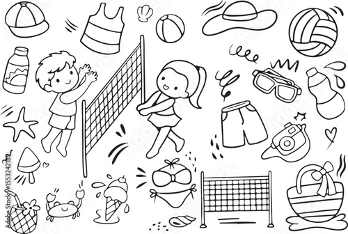 Kids Outdoor Play Doodle Vector, Hand Drawn Children Playing Sketch, Park and Sports Elements Clipart, Activity Icon Set, Transparent Background