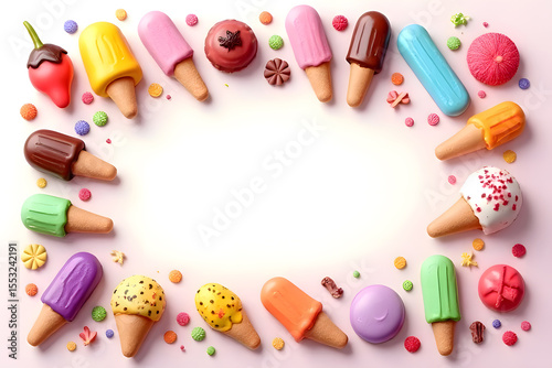 Rainbow ice cream cones melting in summer, all flavors are popular