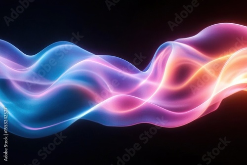 Flowing smooth colorful light waves in shades of blue, purple, pink, and orange creating a dynamic abstract glowing ribbon effect on a black background