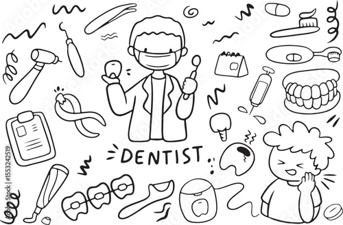 Dentist and Oral Health Doodle Icons - Medical Sketch Clipart