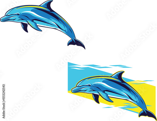 Dolphin icons in blue and yellow colors, one dolphin icon without a background, the other with a yellow and blue background.