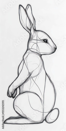 Detailed pencil sketch of a sitting rabbit in profile with fine contour lines and shading, showcasing anatomy and natural posture
