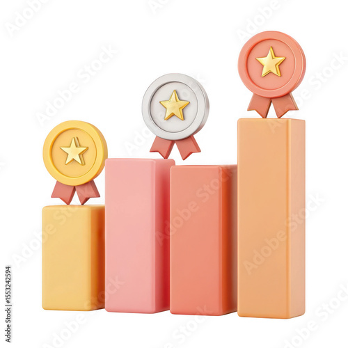 3d achievement awards chart gold silver bronze medals isolated on transparent background