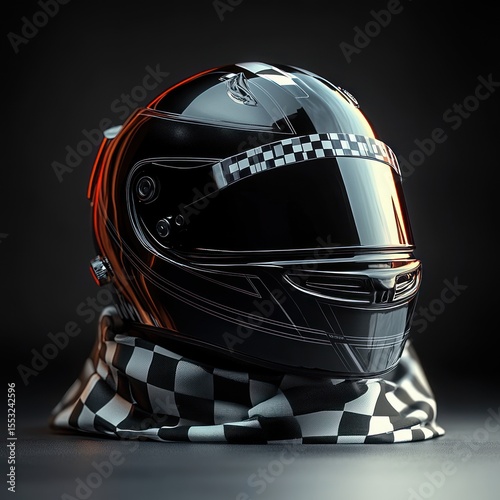 Sleek black racing helmet with a glossy finish and checkered racing stripe detail resting on a black and white checkered cloth against a dark background