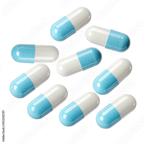 3d realistic blue and white capsules isolated on transparent background