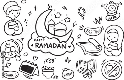 Ramadan Doodle Art, Islamic Festival Vector, Crescent Moon and Mosque Illustration, Hand Drawn Eid Sketch, Celebration Icons Set, Transparent Background