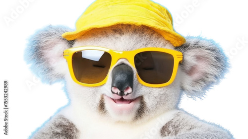 Koala in Sunglasses and Hat: A cute koala wears sunglasses and a hat, looking relaxed and ready for a summer day. Capturing joy and cuteness.