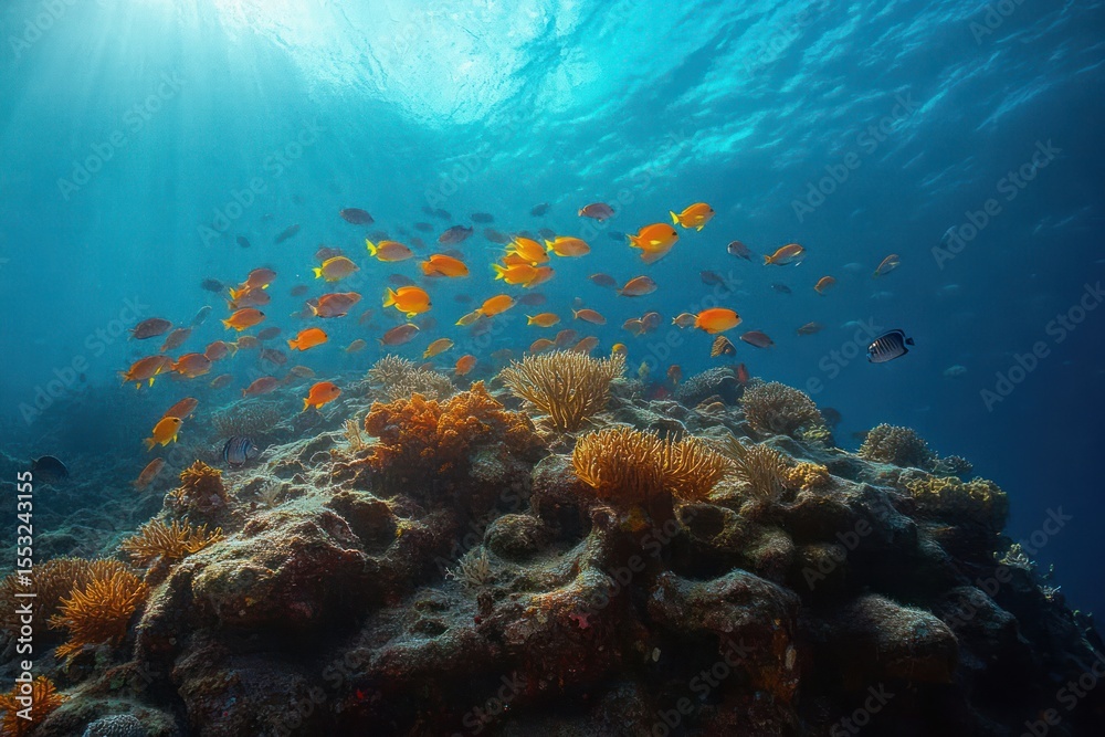 Fototapeta premium Underwater scene of vibrant orange fish swimming above a coral reef with sunlight filtering through clear blue water