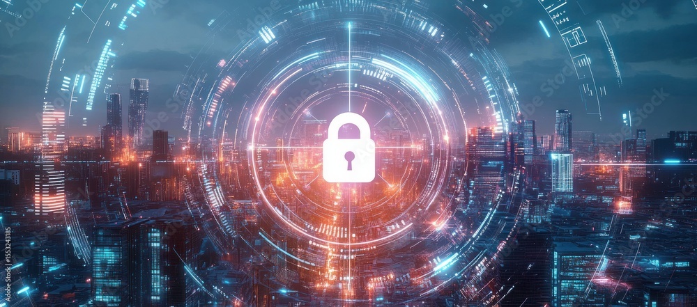 Fototapeta premium Futuristic cityscape at dusk with digital glowing lock symbol and circular holographic interface representing cybersecurity and data protection