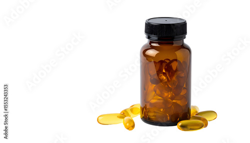 Fish Oil Capsules in Amber Glass Bottle on Black Background: Omega-3 Supplement for Health and Wellness