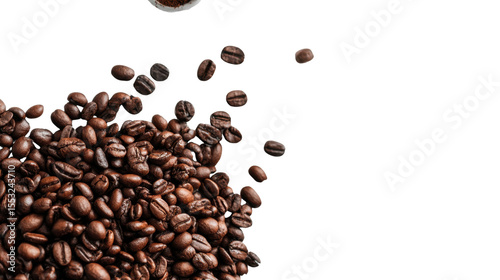 Coffee Bean Cascade: A vibrant, overhead view of roasted coffee beans cascading, a visual feast capturing the rich essence of the brew.