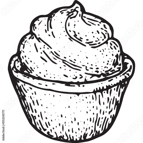Hand-drawn sketch of a cupcake topped with swirled cream, drawn in detailed black-and-white ink, featuring a charming bakery style with a vintage dessert appeal