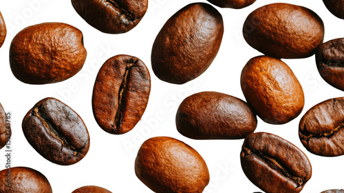 Roasted Coffee Beans: Aromatic roasted coffee beans scattered on a background. Rich, dark brown hues of coffee beans.