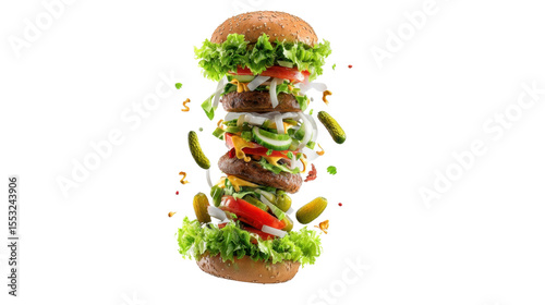 Burger Tower: A whimsical burger soars with layers of patty, lettuce, tomato, pickles, and onion creating the illusion of mouthwatering feast.
