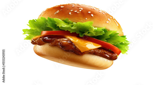 Burger: A close-up of a delectable burger, featuring a juicy beef patty, fresh tomato, crisp lettuce, melted cheese, all nestled within a toasted sesame seed bun.