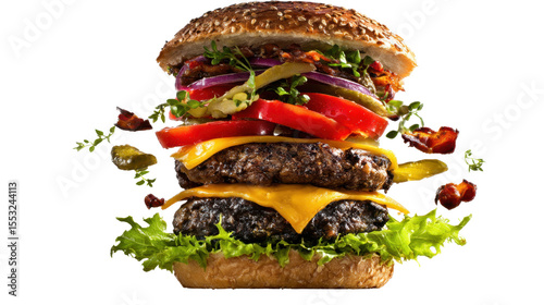 Savory Stack: A tantalizing close-up of a gourmet burger, a feast of fresh ingredients stacked high between sesame seed buns. 